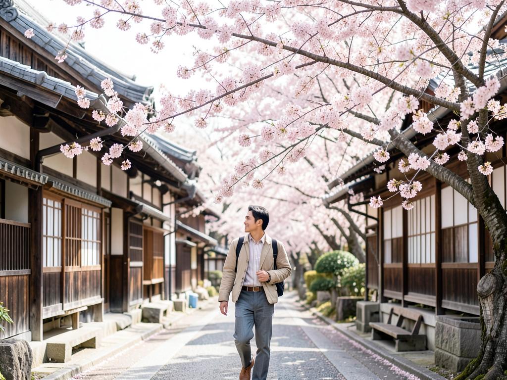 Viajero caminando bajo los cerezos en Japón