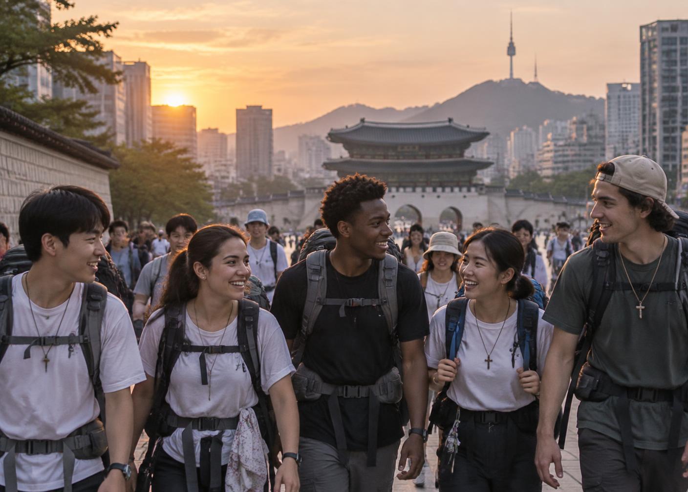 Jóvenes peregrinos caminando juntos por Seúl